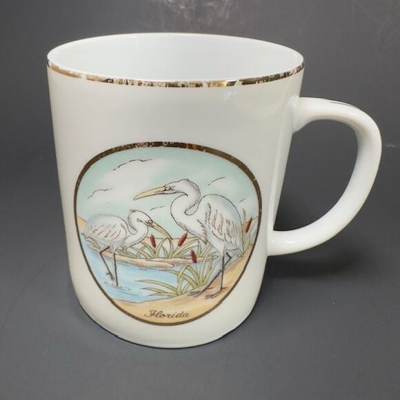Lefton Japan Souvenir Mug/Cup Florida Egret Waterfowl Birds Gold Trim 1987 VTG - Picture 14 of 15
